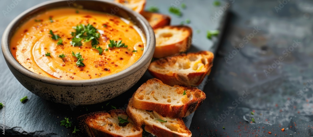 Poster bowl of cheddar dip with toasted bread. copy space image. place for adding text and design