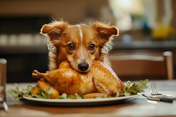 A small, brown and white dog with big brown eyes is sitting at a table with its paws on a plate. It...