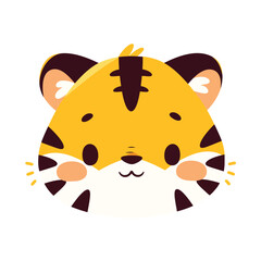 Cute tiger face, a simple flat illustration style with bright colors and a white background