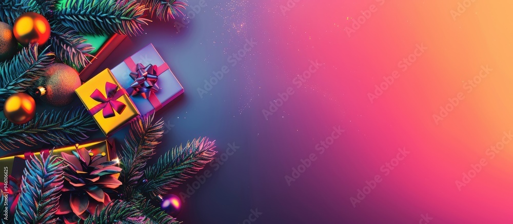 Poster new year and christmas atmosphere present box pine tree branches new year ornaments on a colorful ba