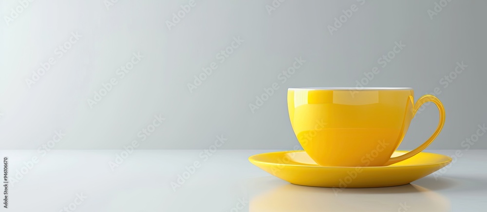Poster a yellow cup with a saucer on a white background. copy space image. place for adding text and design