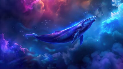 Majestic Blue Whale Swimming Through a Dreamy Cosmic Ocean with Vibrant Colors and Clouds