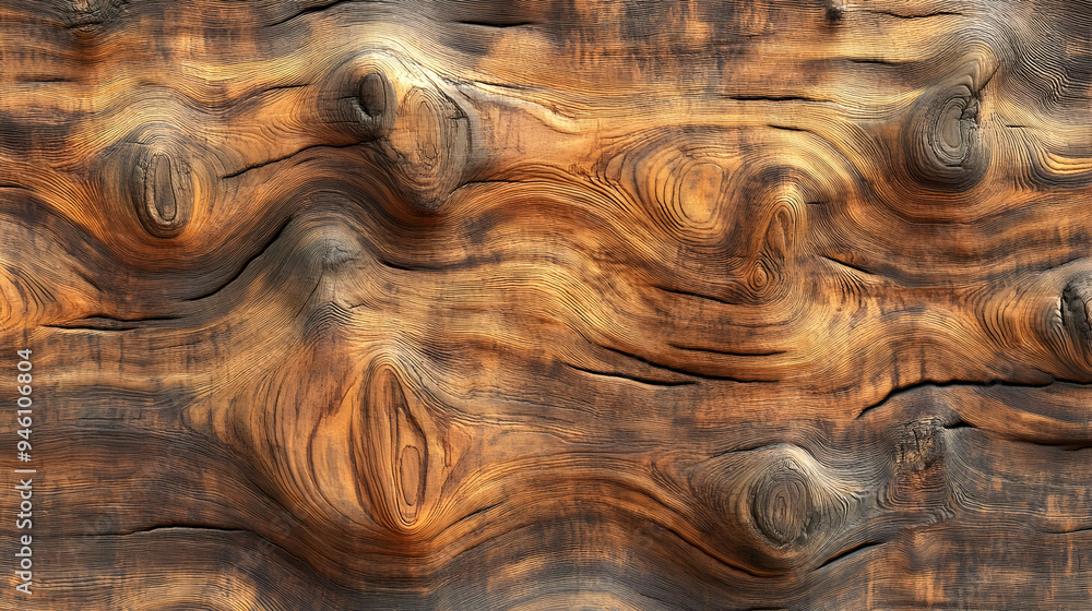Poster a close-up shot of a wooden surface with prominent knots, creating a beautiful and intricate pattern