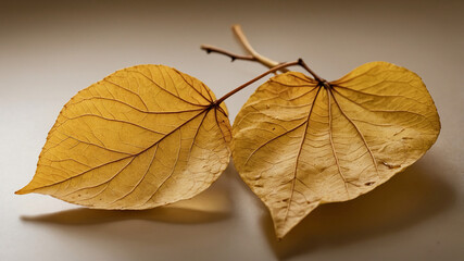 Obraz premium Close-up photography of yellow autumn leaves with detailed veins on a neutral gray background surface.