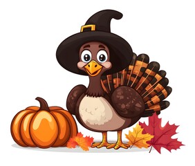 A cartoon turkey wearing a witch's hat, standing next to a pumpkin and fall leaves.