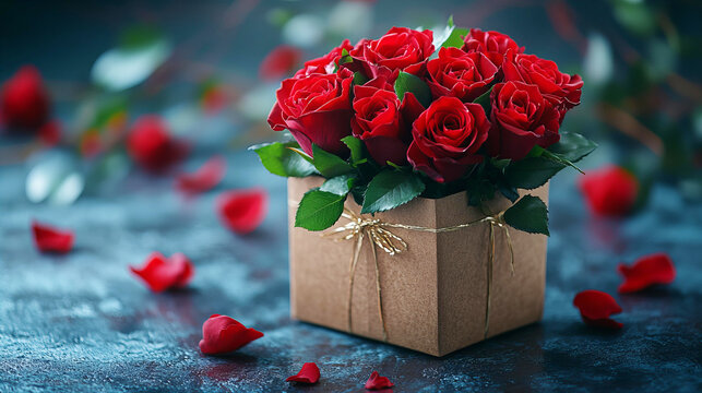 Beautiful arrangement of red roses in a gift box on a textured background with rose petals scattered