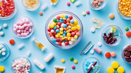 A colorful assortment of pills and capsules in various containers on a blue background.