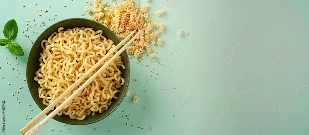 Poster raw instant noodles with wooden chopsticks and seasoning on a light green surface. copy space image.