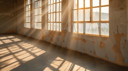 Abandoned Factory with Sunlit Shadows, sunlight pours through shattered windows, illuminating the remnants of derelict architecture, creating a haunting interplay of light and shadow