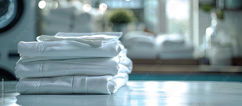 Poster stack of clean bedding sheets with a blurred laundry room backdrop. copy space image. place for addi