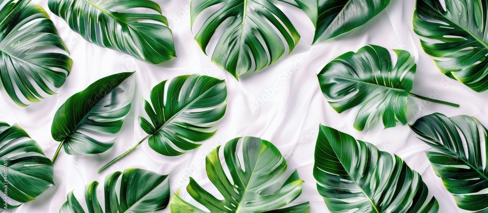 Poster top view of tropical leaves on a bright background summer flat lay arrangement. copy space image. pl
