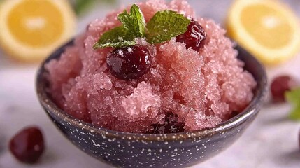   A close-up of a scoop of ice cream in a small bowl, adorned with a fresh mint leaf and encircled by bright yellow lemons and deep red cran