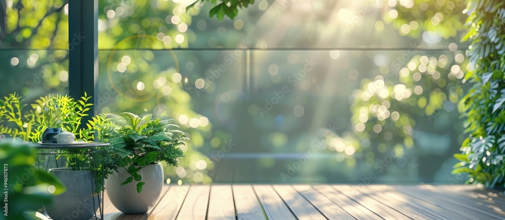 Poster balcony and terrace against a blurred nature background. copy space image. place for adding text and