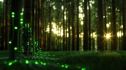 Futuristic Digital Forest with Glowing Green Circuitry Integrated into Trees at Sunset
