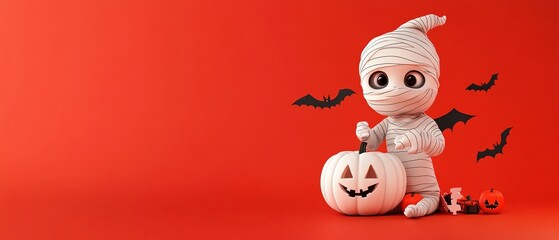 Fototapeta premium Charming cartoon mummy character with a pumpkin and bats on a vibrant red background, perfect for Halloween themes.