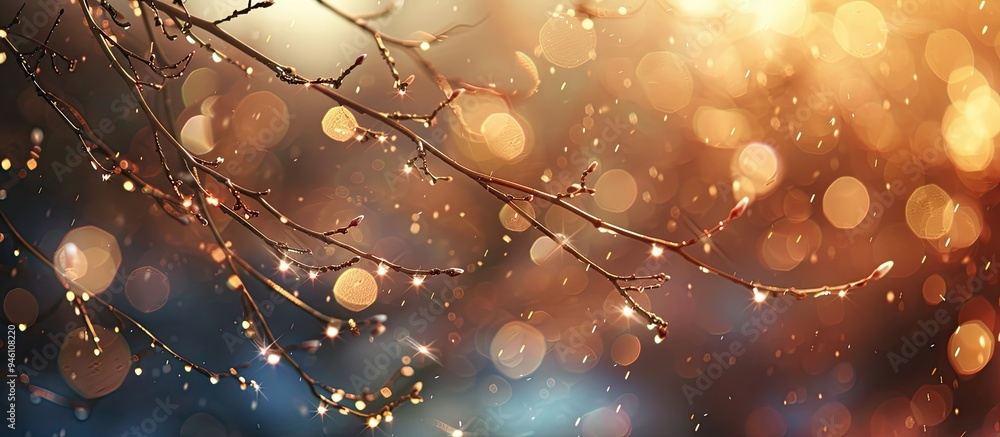 Poster abstract and blurred backdrop featuring branches and raindrops. copy space image. place for adding t