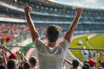 Jubilant individual stands in bustling stadium, raising arms in celebration amidst cheering fans. Scene captures excitement of sports event, with motor racing track visible in background.