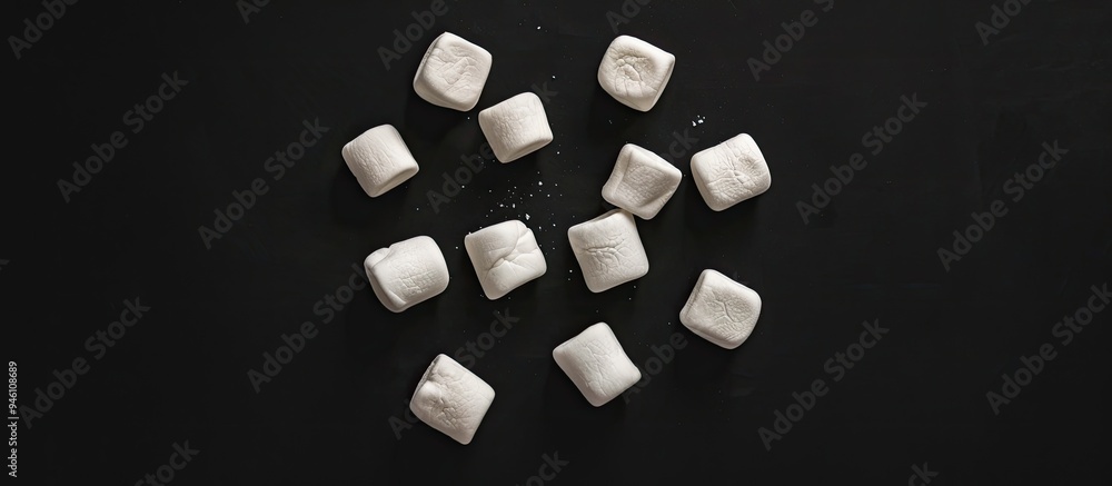 Poster top view of sweet classic marshmallows set against a black background. copy space image. place for a