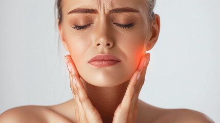A young woman has a toothache and is holding her face with her hands. Toothache concept.