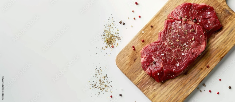 Poster Raw beef steak seasoned with spices and ingredients for cooking on a wooden cutting board against a white background. Copy space image. Place for adding text and design