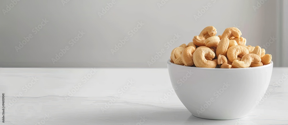 Aufkleber delicious cashew nuts in a bowl on a white table. copy space image. place for adding text and design