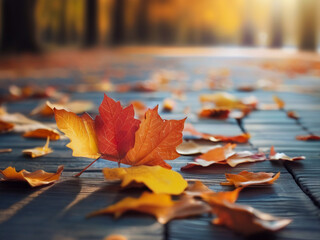 Autumn wallpaper with colored red leaves on dark grey street stown pavement slate and blurred background. AI Generated