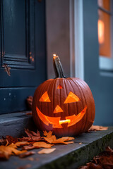 Obraz premium A carved pumpkin with a scary face, placed on a doorstep with fallen autumn leaves and a lit candle inside, casting an eerie glow.