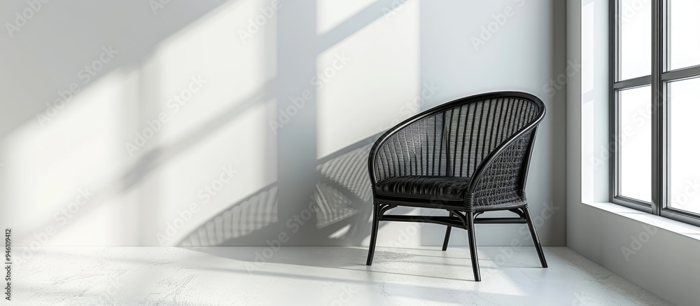 Poster black rattan chair positioned by the window in an interior setting. copy space image. place for addi