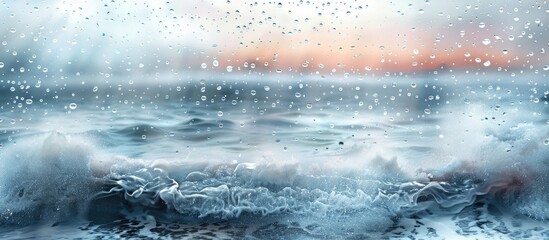 Baltic Sea waves during a spring storm viewed through a window with close up raindrops and bokeh effects featuring a blurry gray blue sea and large white waves in the distant background