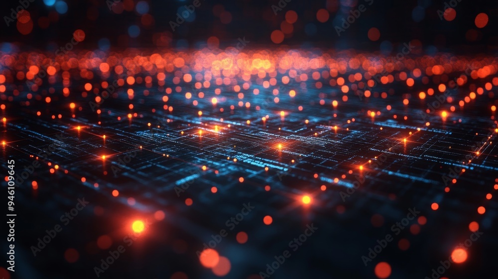 Poster this holographic display illustrates global communication, featuring a vibrant network of lights and