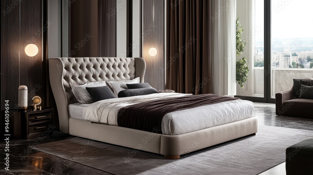 Wall mural Modern Upholstered Bed in Luxury Bedroom Interior