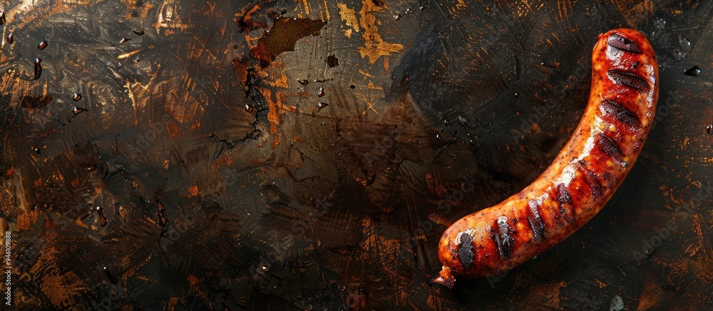Poster grilled turkish sucuk sausage dark backdrop top view. copy space image. place for adding text and de