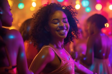 African American woman dancing in nightclub with friends, wearing pink dress, surrounded by colorful lights. Joyful atmosphere, vibrant music, dynamic movement, bright. Medium shot with copyspace.