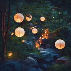 Glowing paper lanterns in a tranquil night garden, capturing a sense of peace, garden glowtime, soft and calming.