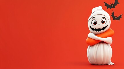 A cute ghost character smiles playfully against a vibrant orange background, perfect for Halloween-themed designs.