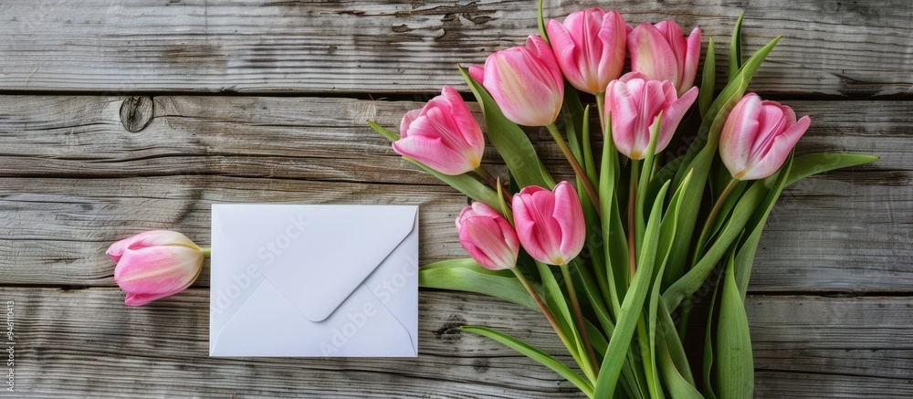Poster bouquet of tulips and a greeting card on a wooden surface. copy space image. place for adding text a