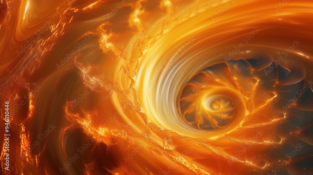 Poster golden orange spiral design with fractal texture, glows in darkness. digital art creation of fantasy