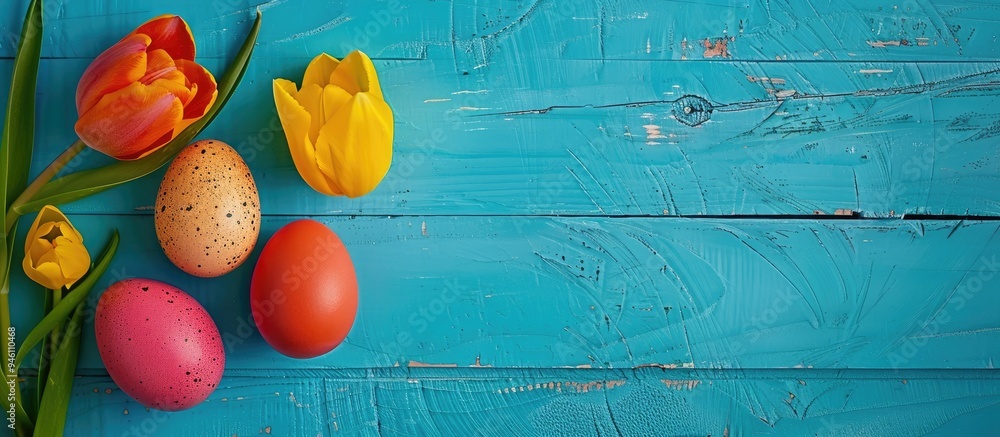 Poster easter eggs alongside tulips on a blue wooden surface. copy space image. place for adding text and d