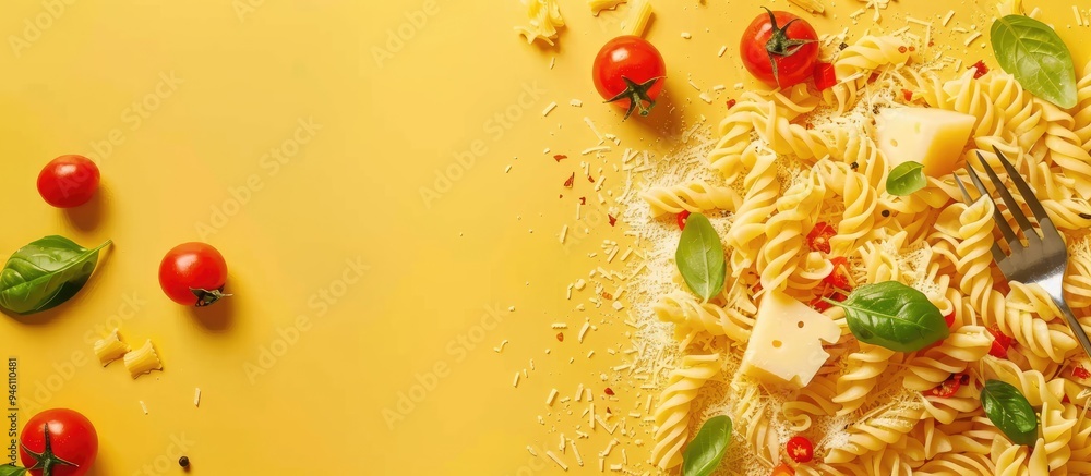 Aufkleber tasty pasta with brie cheese tomatoes basil and cutlery on a yellow background top view room for tex