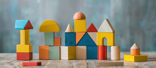 Children s wooden building blocks shaped like geometric figures featuring space for text Eco friendly toys that promote development and creativity Educational wooden bricks for preschoolers