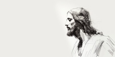 Fototapeta premium Illustration of Jesus Christ walking on white background. Simple yet powerful portrait of the Lord, Savior of humanity. Faith, hope, love radiate from His gentle face.