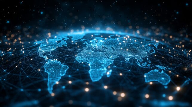 A holographic display showcases the global internet usage, highlighting network connections, data flow, and digital interactions among continents.