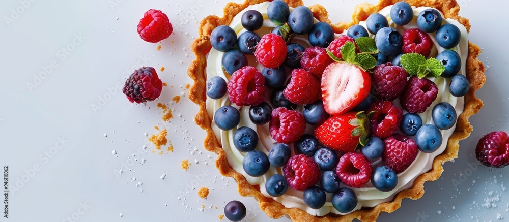Poster homemade berry tart and white chocolate in the shape of a heart. copy space image. place for adding 