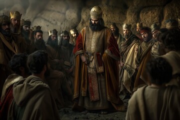King David stands in a robe and crown surrounded by people dressed in similar attire. Ancient stone wall background features a cave entrance. Mysterious atmosphere.