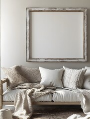 Cozy Farmhouse Living Room Frame Mockup with Weathered Pine Frame Neutral Color Palette and Detailed Furnishings in a 3D Rendered Painterly Style