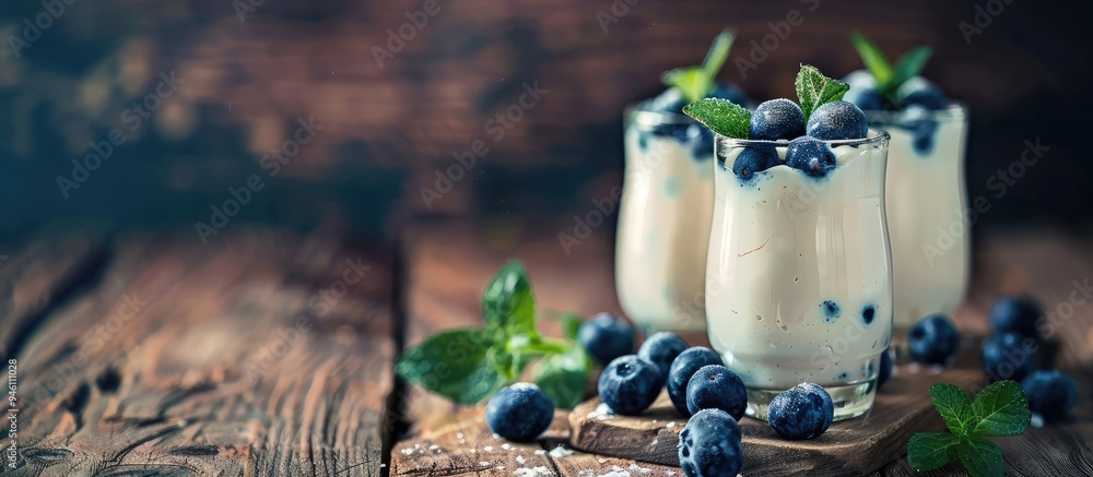 Aufkleber delicious yogurt in glasses accompanied by blueberries on a wooden table area for text. copy space i
