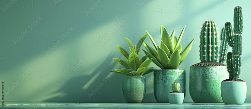 Poster cacti in green pots placed on the table. copy space image. place for adding text and design