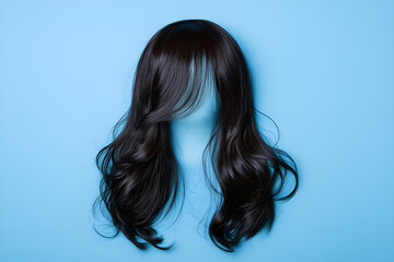 Obraz premium Stylish hair wig with trendy design with wavy curls displayed on a blue background.