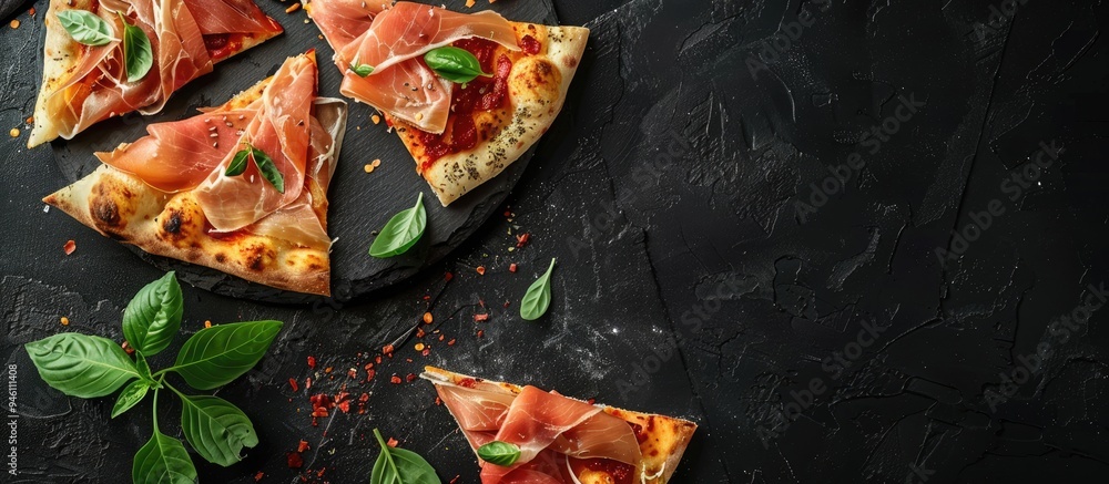 Poster slices of pizza topped with prosciutto and spices on a black background copyspace top view
