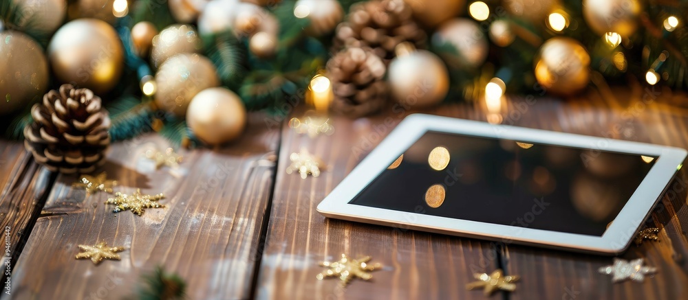 Poster festive christmas decorations with a white tablet on a wooden table blank close up screen happy new 